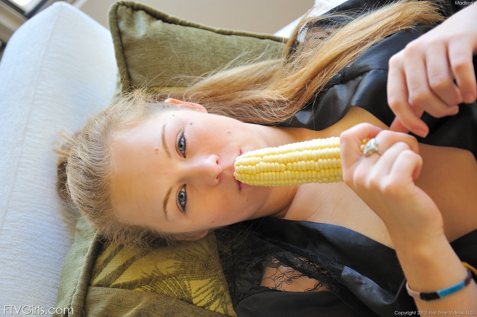 Hot redhead girl strips naked on the street and toys with banana and corn cob Hot redhead girl strips naked on the street and toys with banana and corn cob
